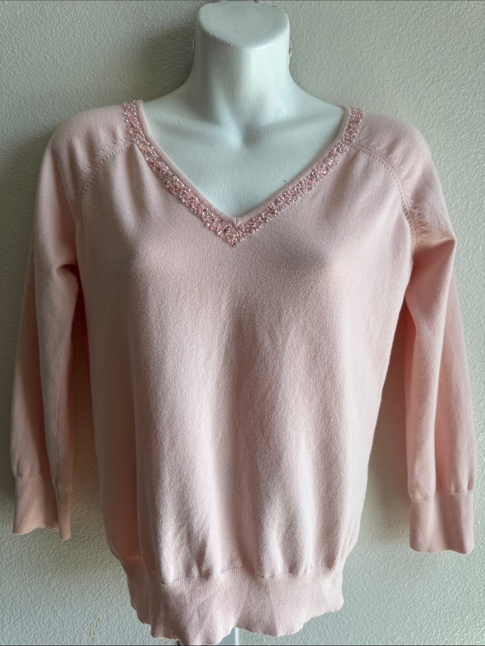 Light Pink V-Neck Sweater with Beaded Trim